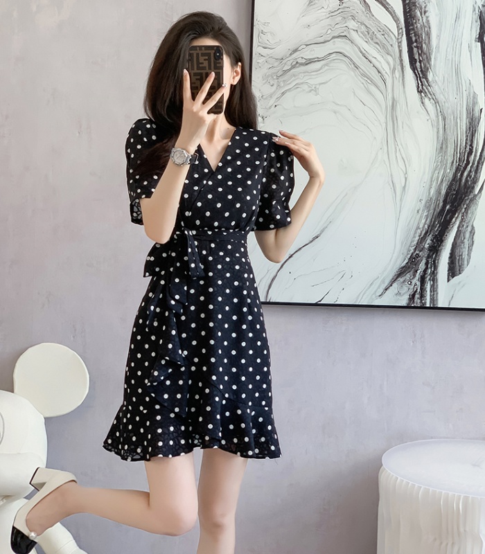 Summer printing fashion dress short polka dot V-neck belt