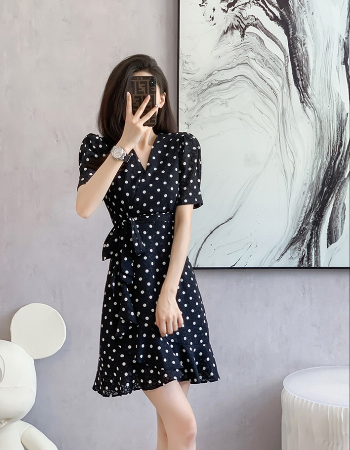 Summer printing fashion dress short polka dot V-neck belt