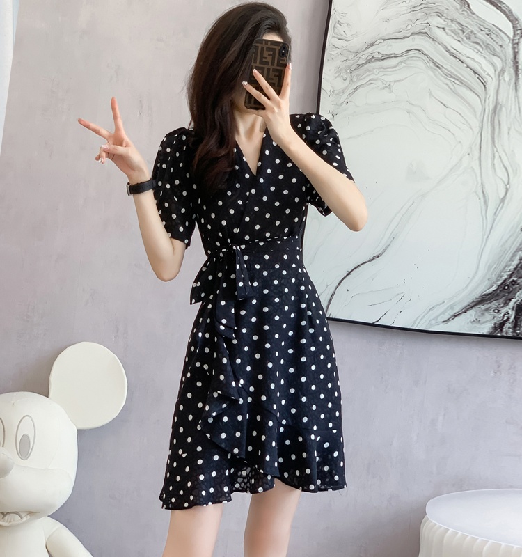 Summer printing fashion dress short polka dot V-neck belt