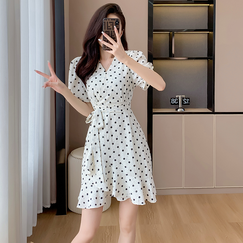 Summer printing fashion dress short polka dot V-neck belt