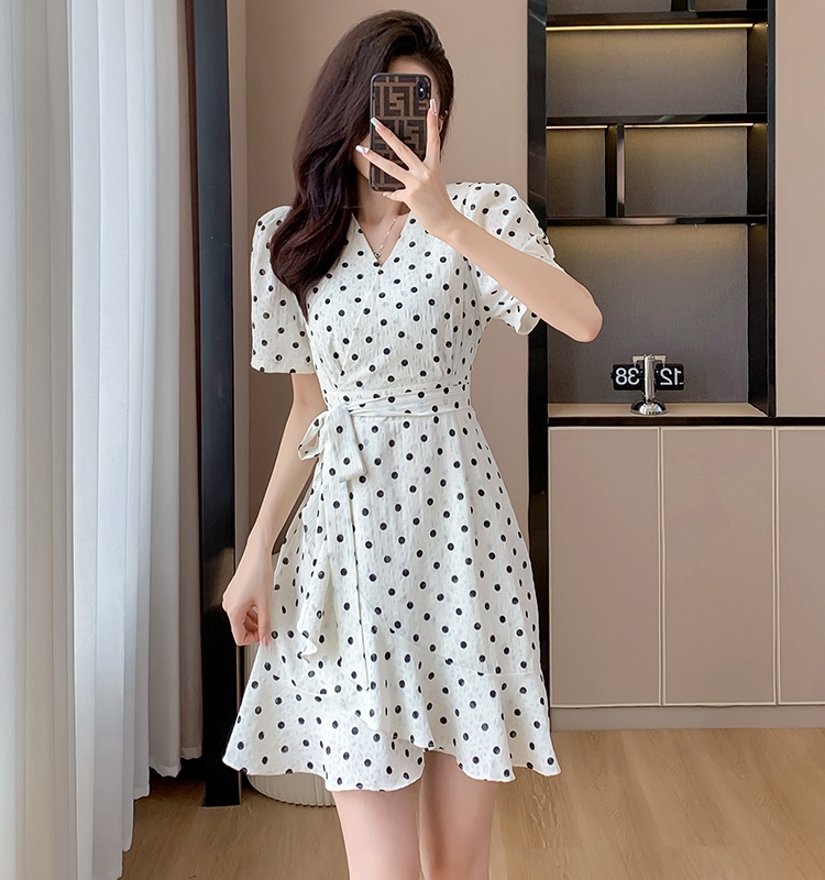 Summer printing fashion dress short polka dot V-neck belt