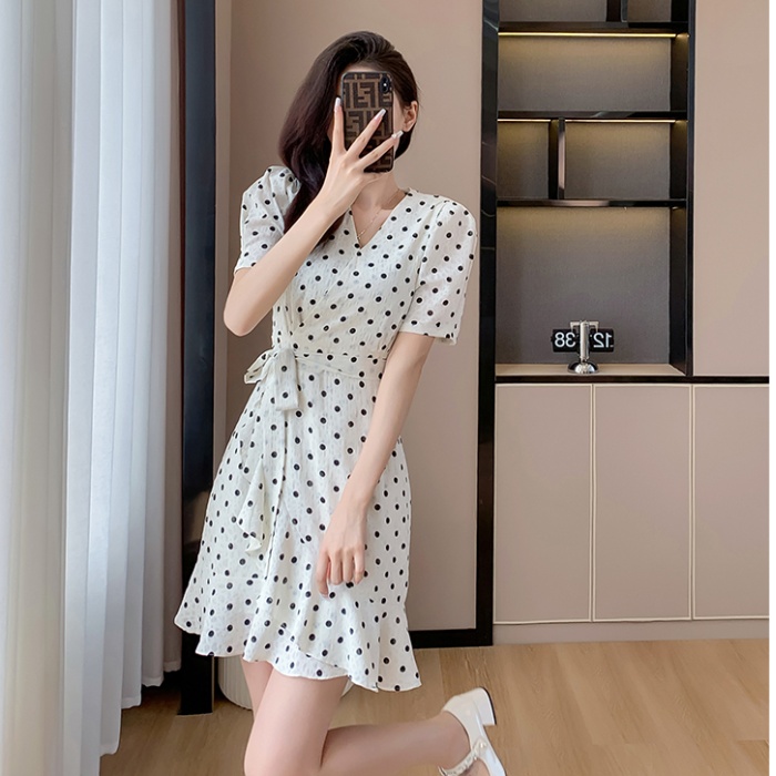 Summer printing fashion dress short polka dot V-neck belt