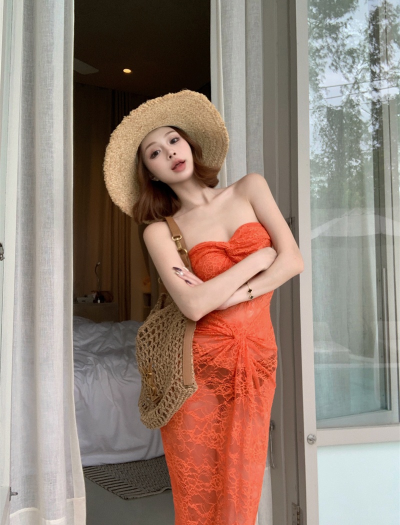 Hollow wrapped chest dress orange long dress