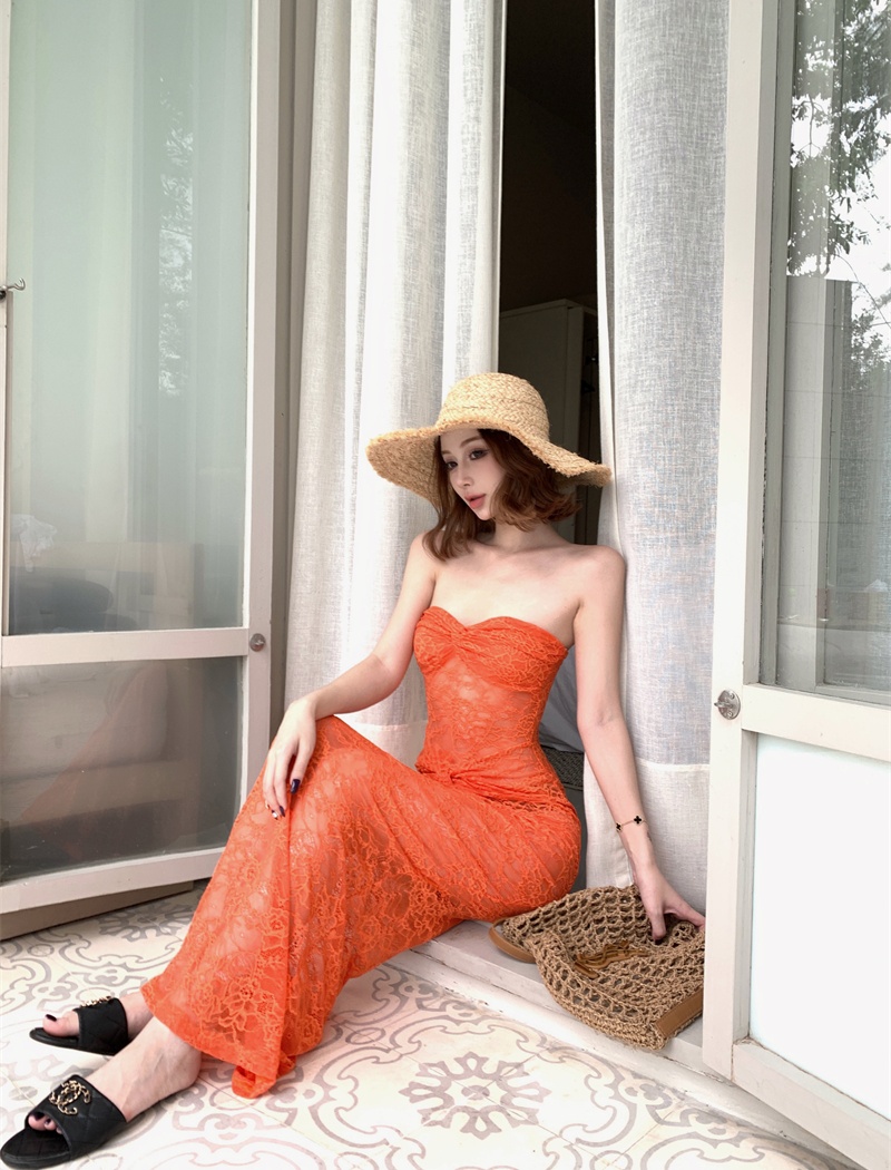 Hollow wrapped chest dress orange long dress