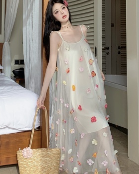 Stereoscopic flowers perspective lady gauze vacation dress