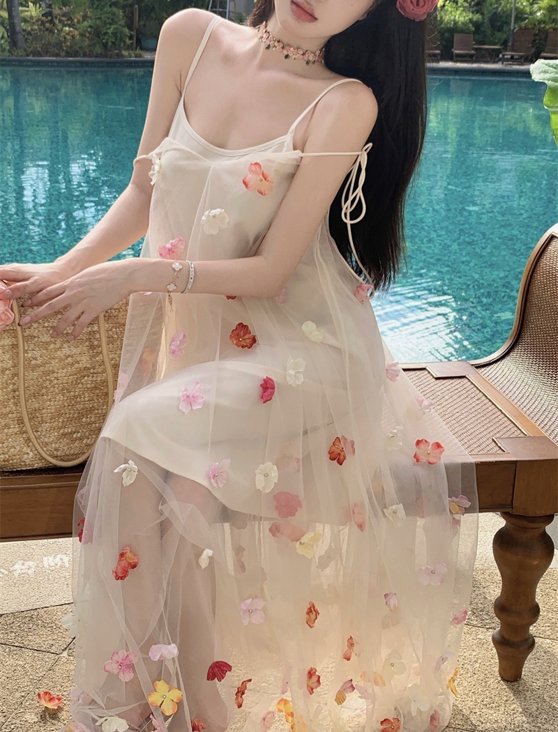 Stereoscopic flowers perspective lady gauze vacation dress