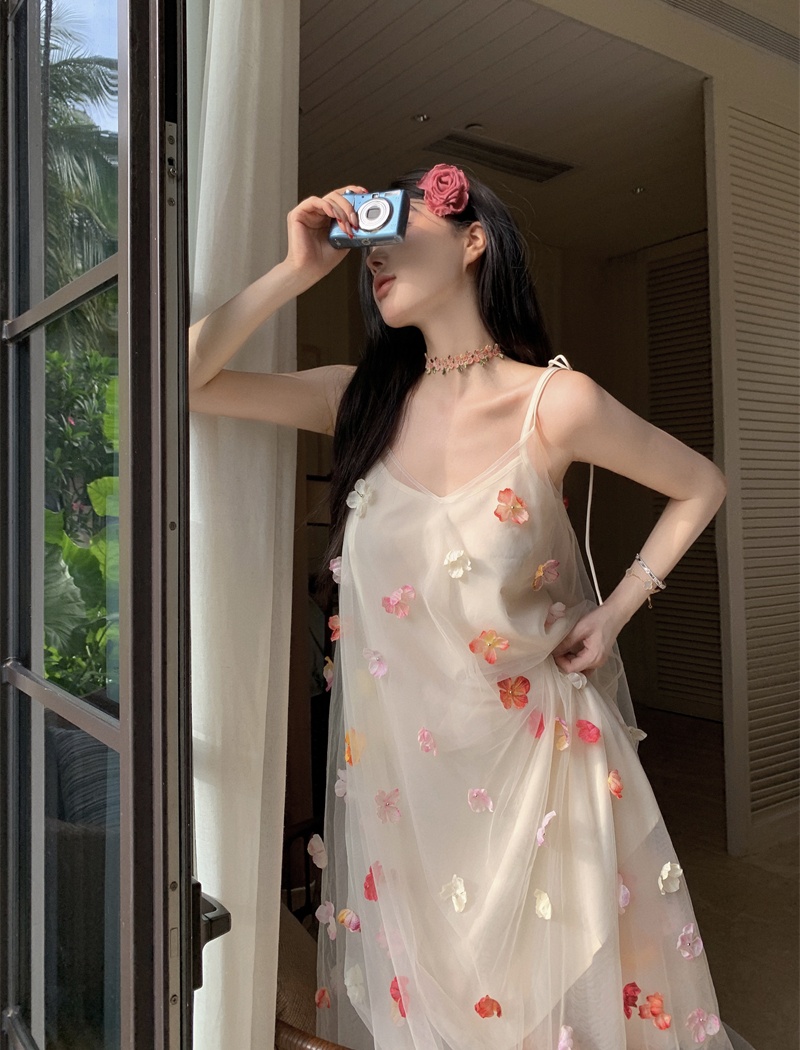 Stereoscopic flowers perspective lady gauze vacation dress