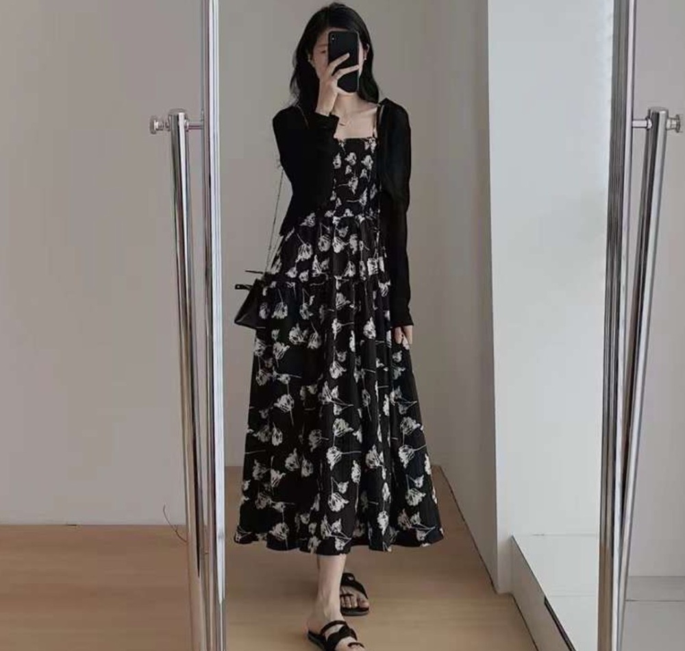 Temperament slim dress black retro long dress 2pcs set