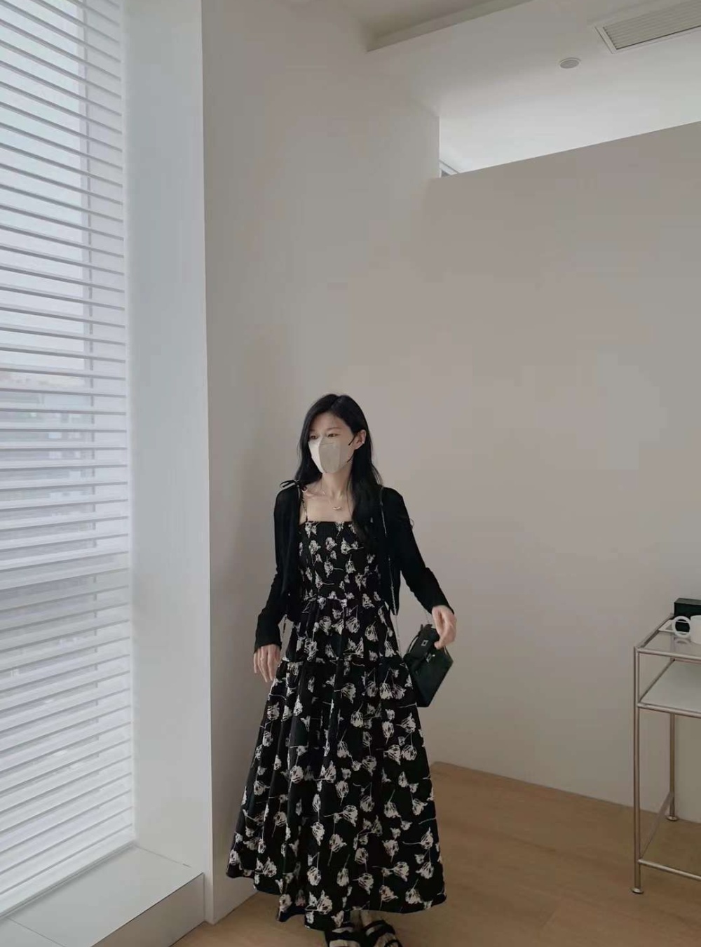 Temperament slim dress black retro long dress 2pcs set