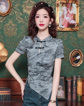 Chinese style fold summer T-shirt irregular ink tops