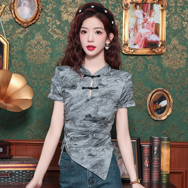 Chinese style fold summer T-shirt irregular ink tops