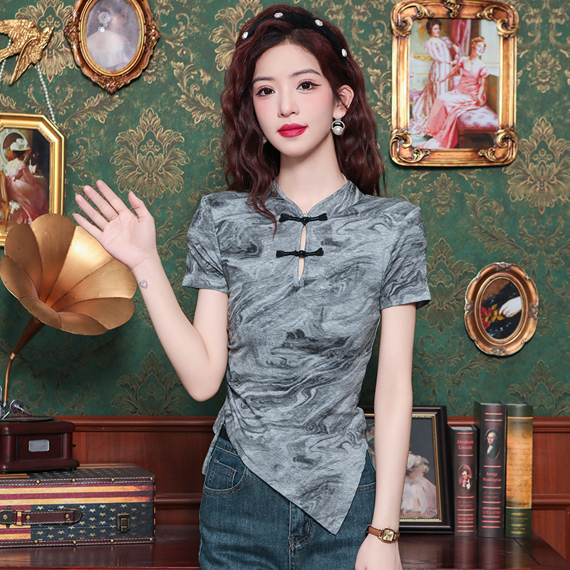 Chinese style fold summer T-shirt irregular ink tops