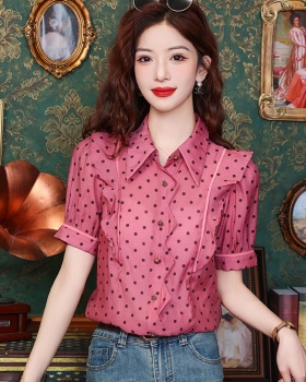 Temperament France style polka dot placket irregular shirt