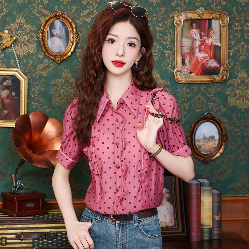 Temperament France style polka dot placket irregular shirt