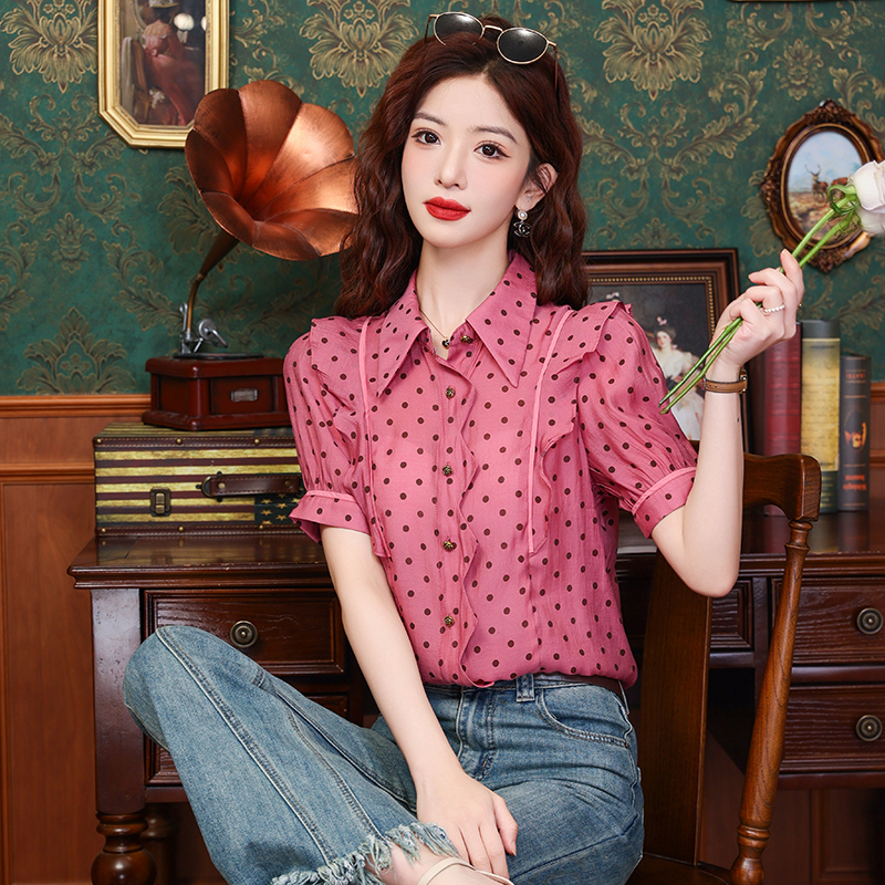 Temperament France style polka dot placket irregular shirt