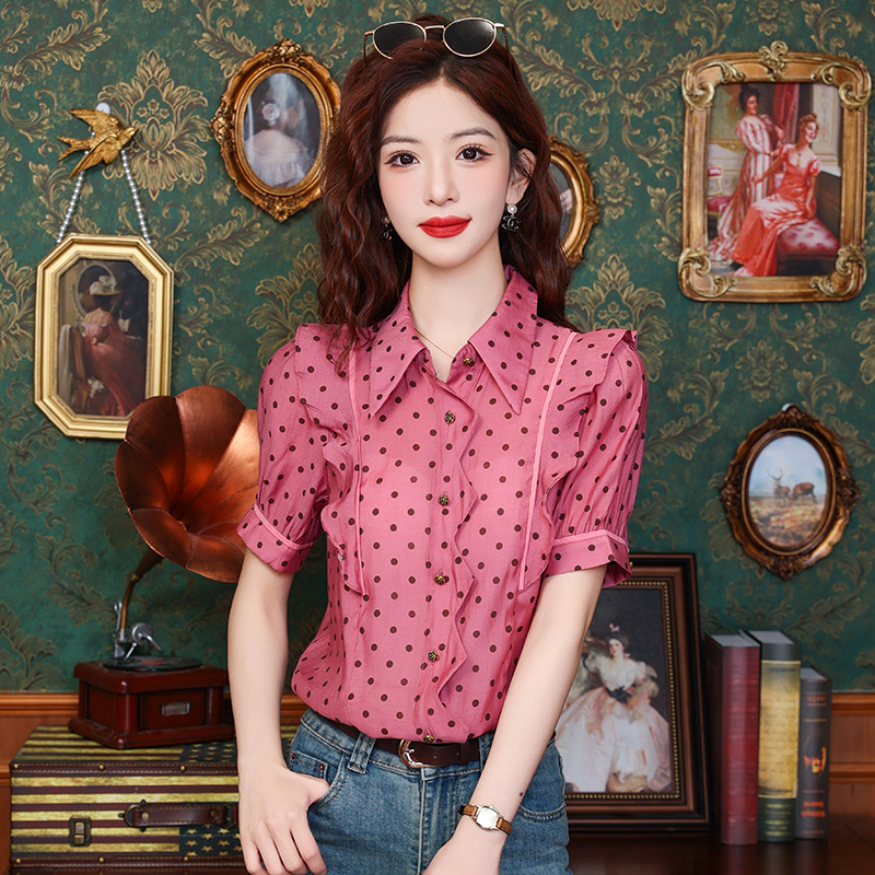 Temperament France style polka dot placket irregular shirt