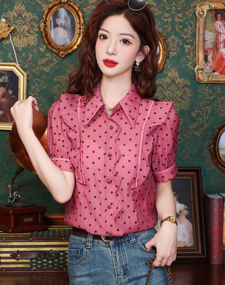 Temperament France style polka dot placket irregular shirt