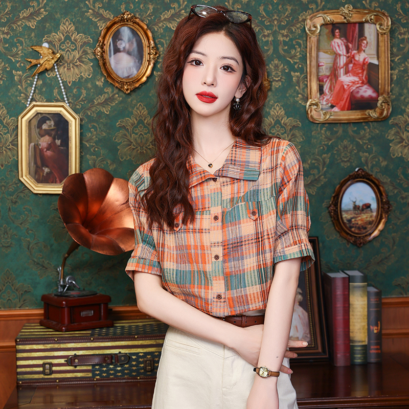 Summer temperament Western style tops plaid all-match shirt