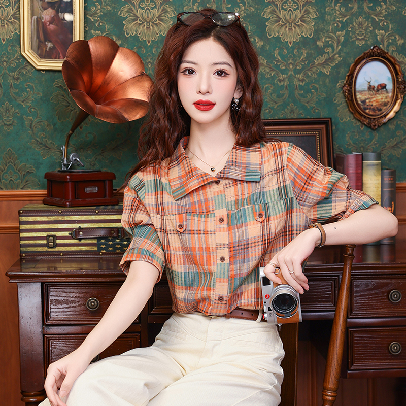 Summer temperament Western style tops plaid all-match shirt