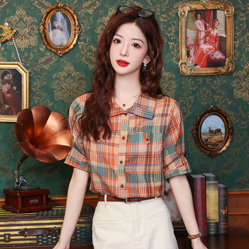 Summer temperament Western style tops plaid all-match shirt