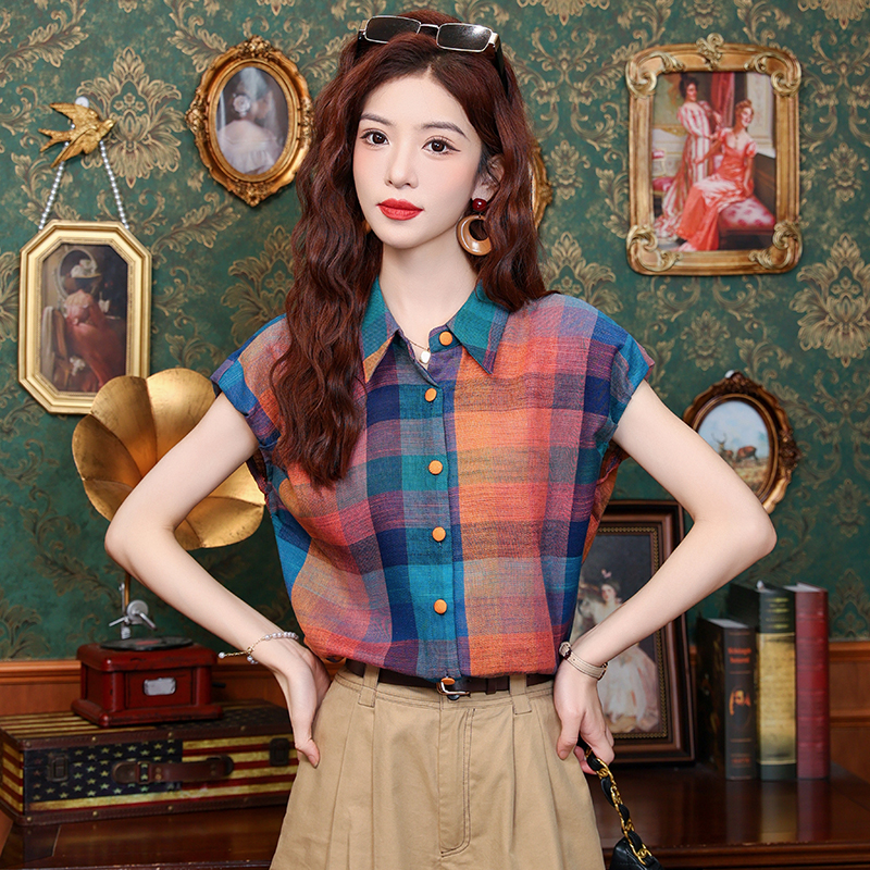 Commuting retro plaid tops all-match unique summer shirt