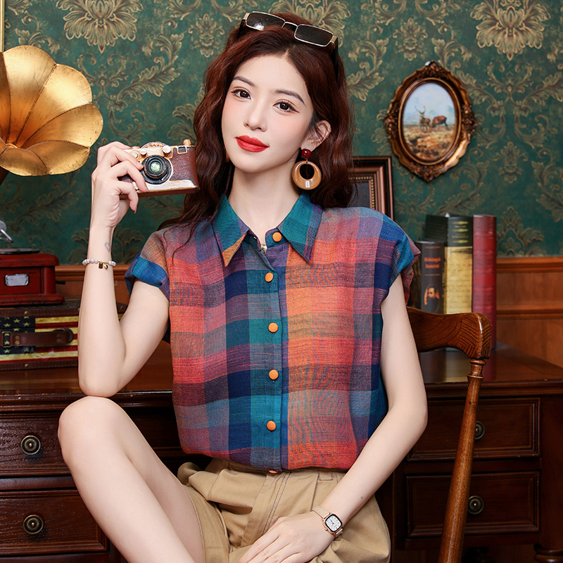 Commuting retro plaid tops all-match unique summer shirt