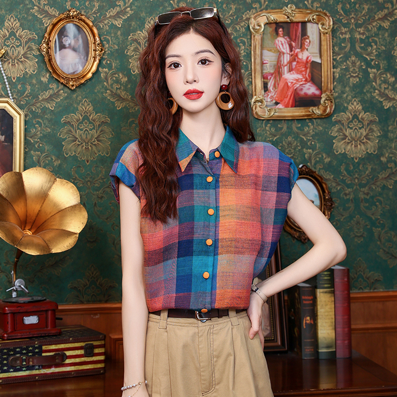 Commuting retro plaid tops all-match unique summer shirt