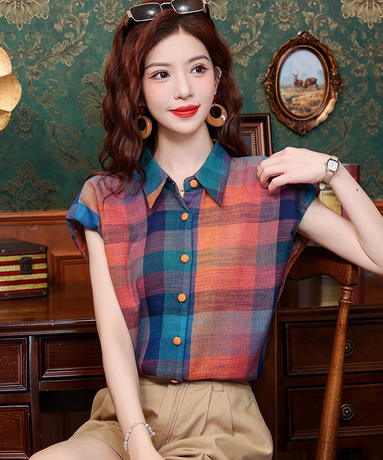 Commuting retro plaid tops all-match unique summer shirt