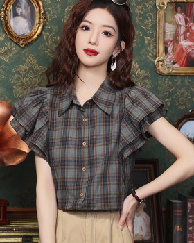 Plaid boats sleeve simple summer tops commuting niche retro shirt