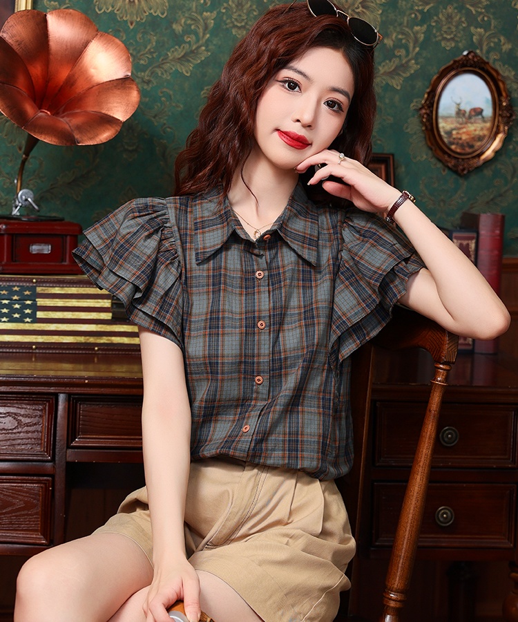 Plaid boats sleeve simple summer tops commuting niche retro shirt