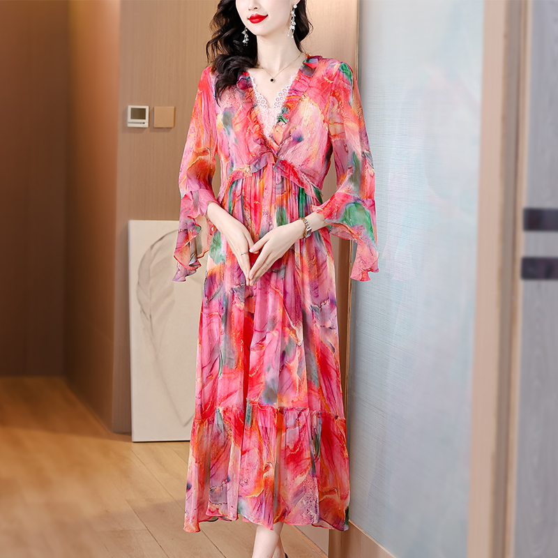 Temperament show young long dress floral dress