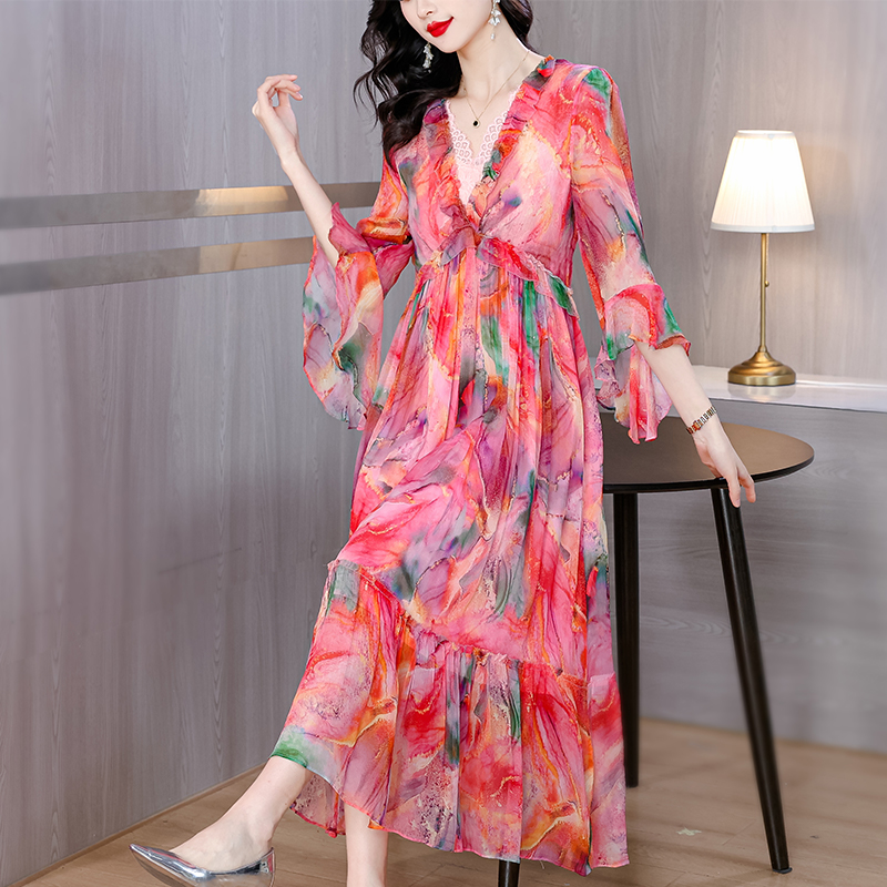 Temperament show young long dress floral dress