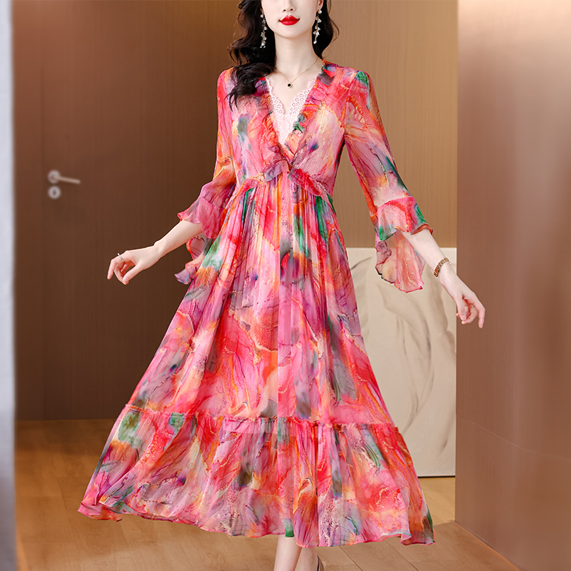 Temperament show young long dress floral dress