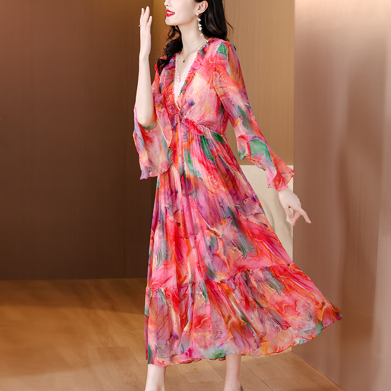 Temperament show young long dress floral dress