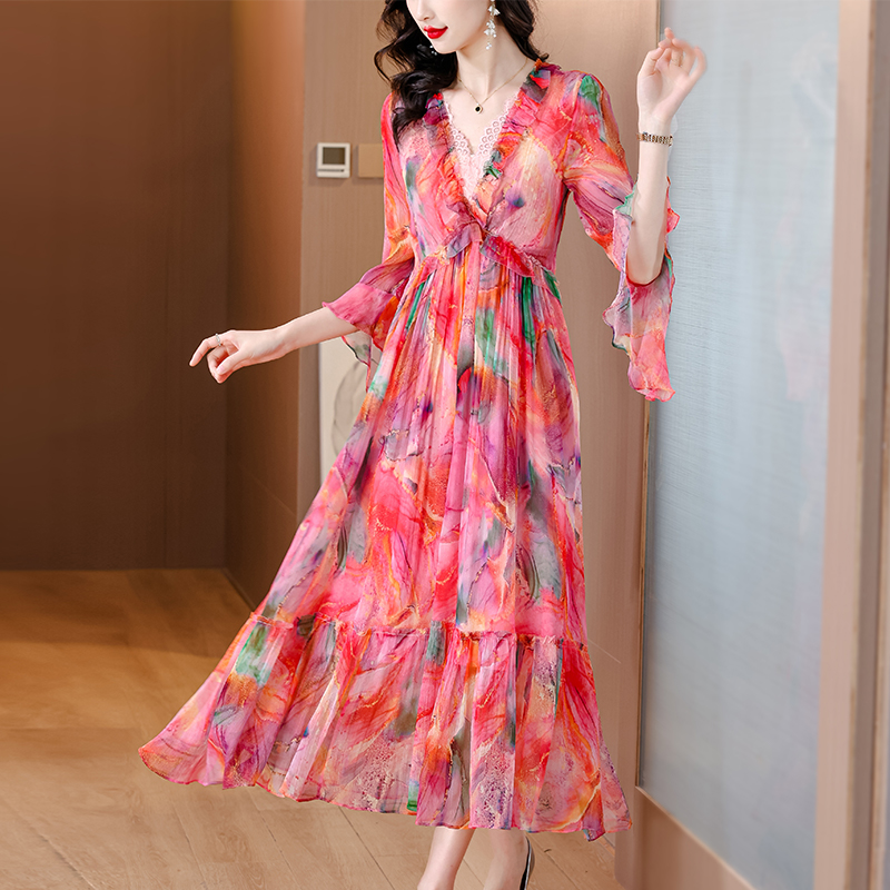 Temperament show young long dress floral dress