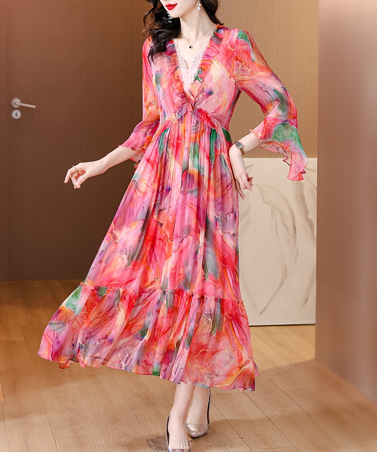 Temperament show young long dress floral dress