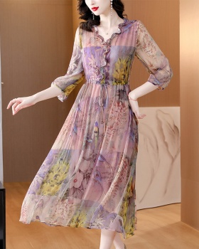 Floral spring and summer thin real silk slim dress