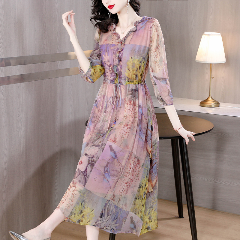 Floral spring and summer thin real silk slim dress