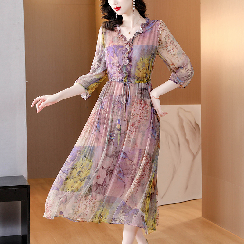 Floral spring and summer thin real silk slim dress