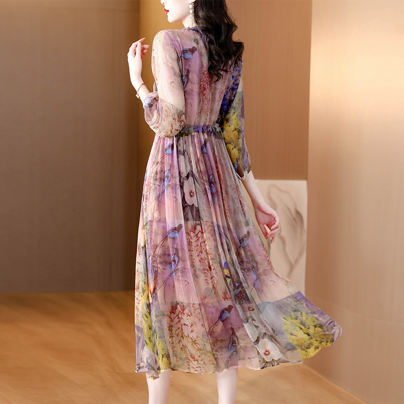 Floral spring and summer thin real silk slim dress