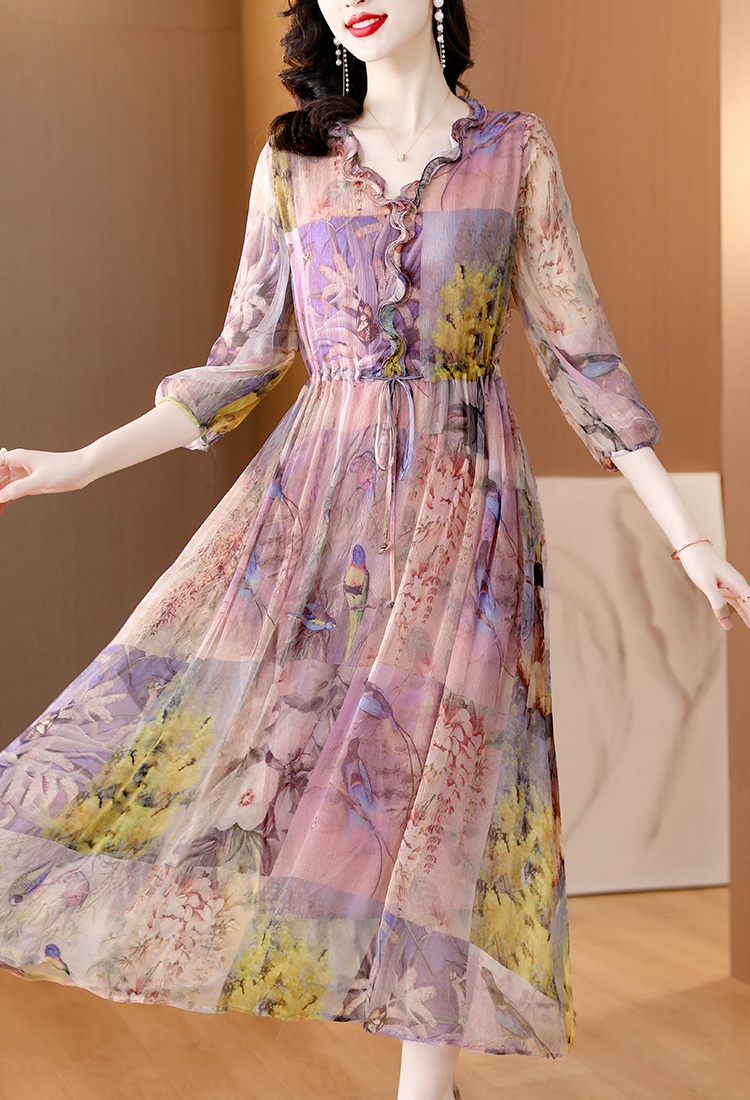 Floral spring and summer thin real silk slim dress