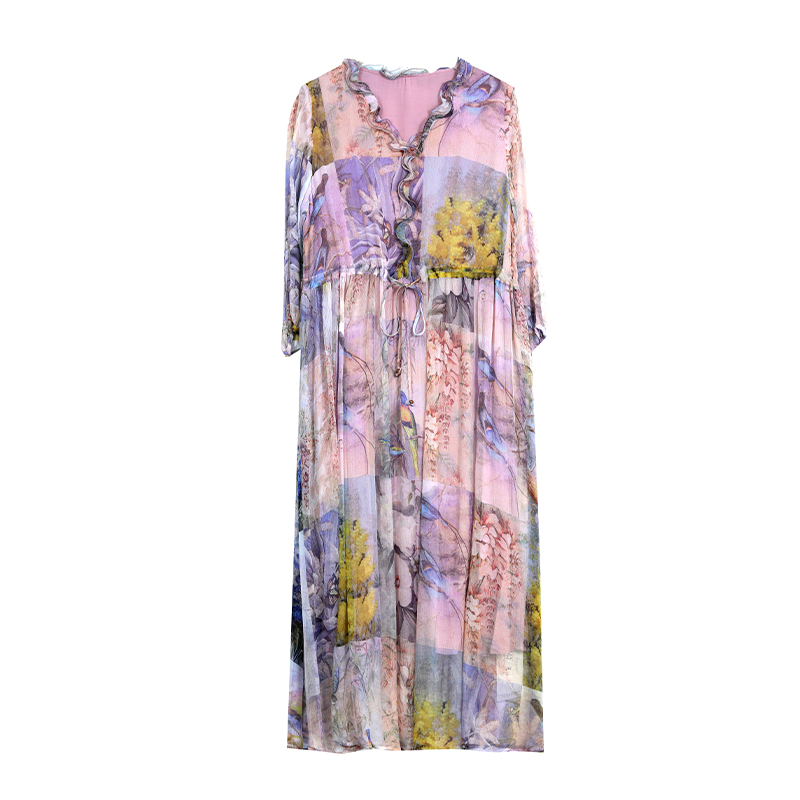 Floral spring and summer thin real silk slim dress