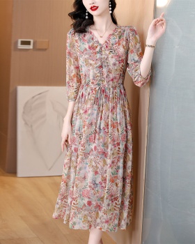 France style slim Casual long dress real silk floral dress