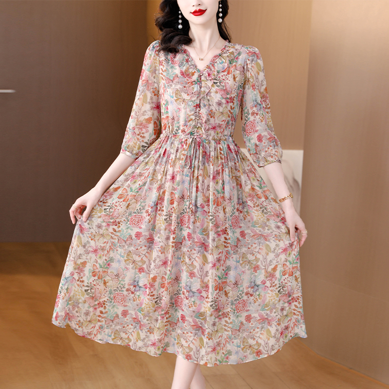 France style slim Casual long dress real silk floral dress