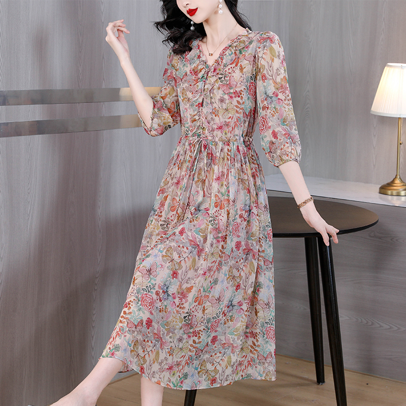 France style slim Casual long dress real silk floral dress