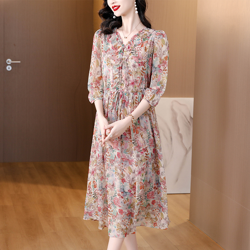 France style slim Casual long dress real silk floral dress