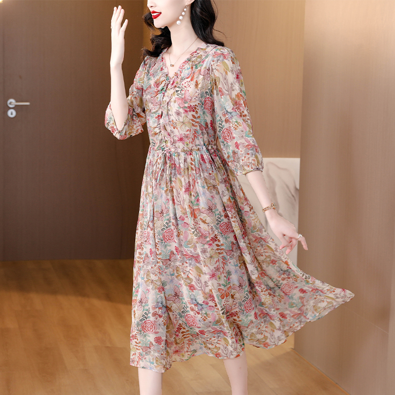 France style slim Casual long dress real silk floral dress