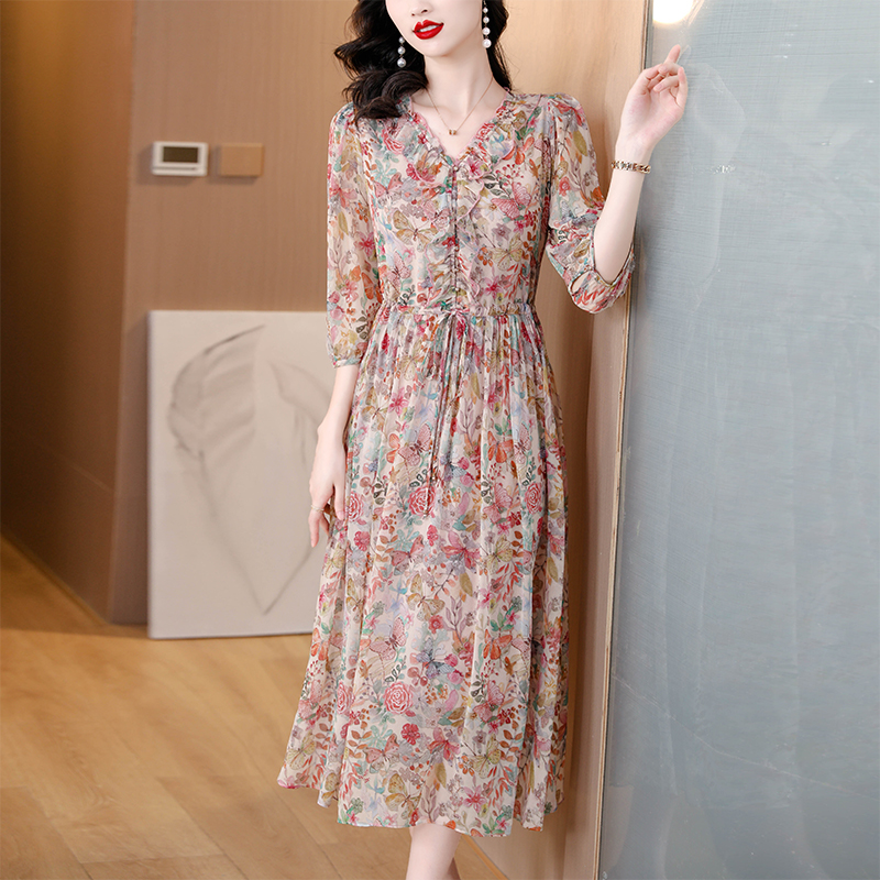 France style slim Casual long dress real silk floral dress