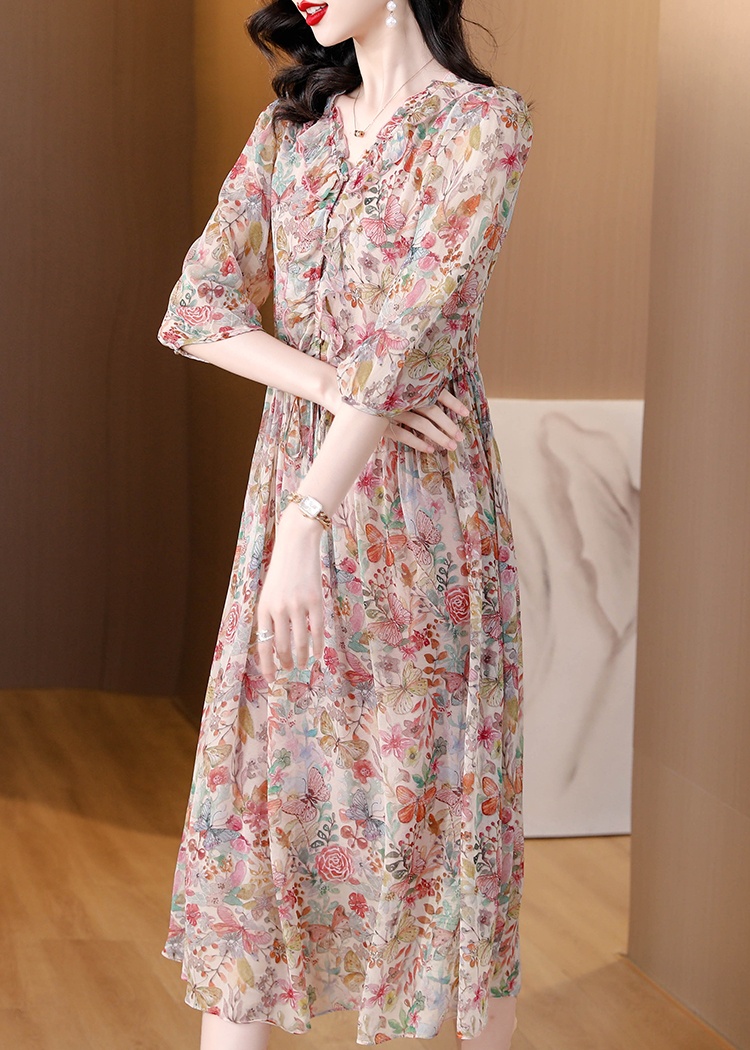 France style slim Casual long dress real silk floral dress