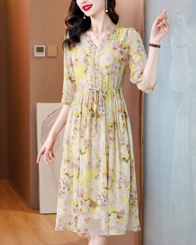 Large yard summer V-neck pinched waist real silk dress